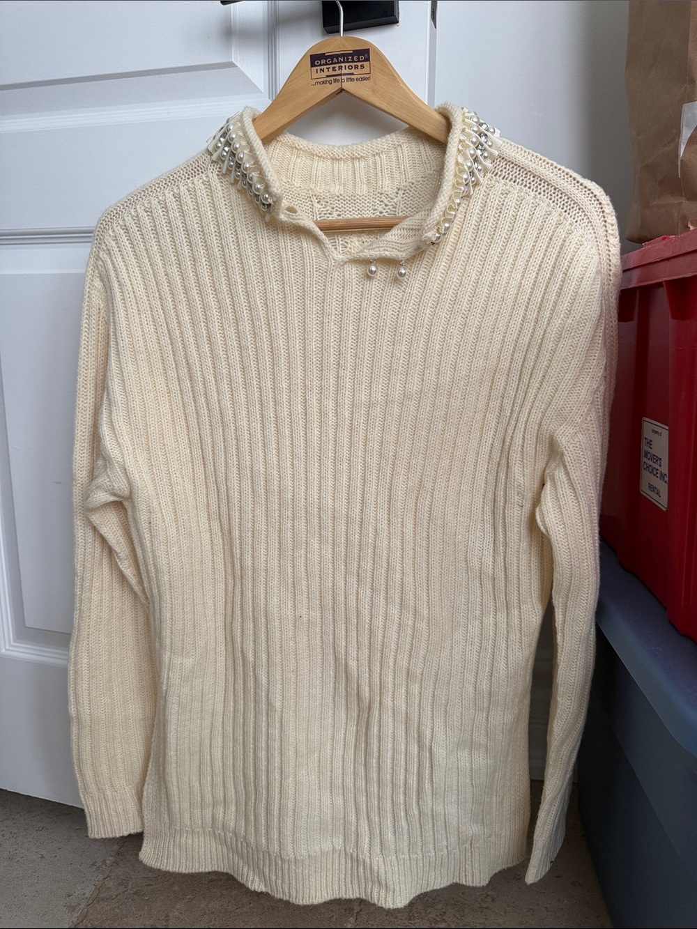 Pinko Cream Ribbed Crewneck Sweater with Pearl-Embellished Collar